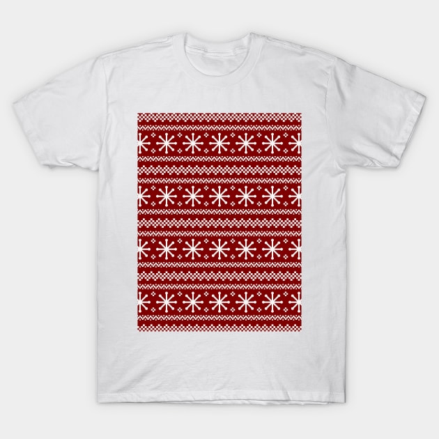 Large Dark Christmas Candy Apple Red Snowflake Stripes in White T-Shirt by podartist